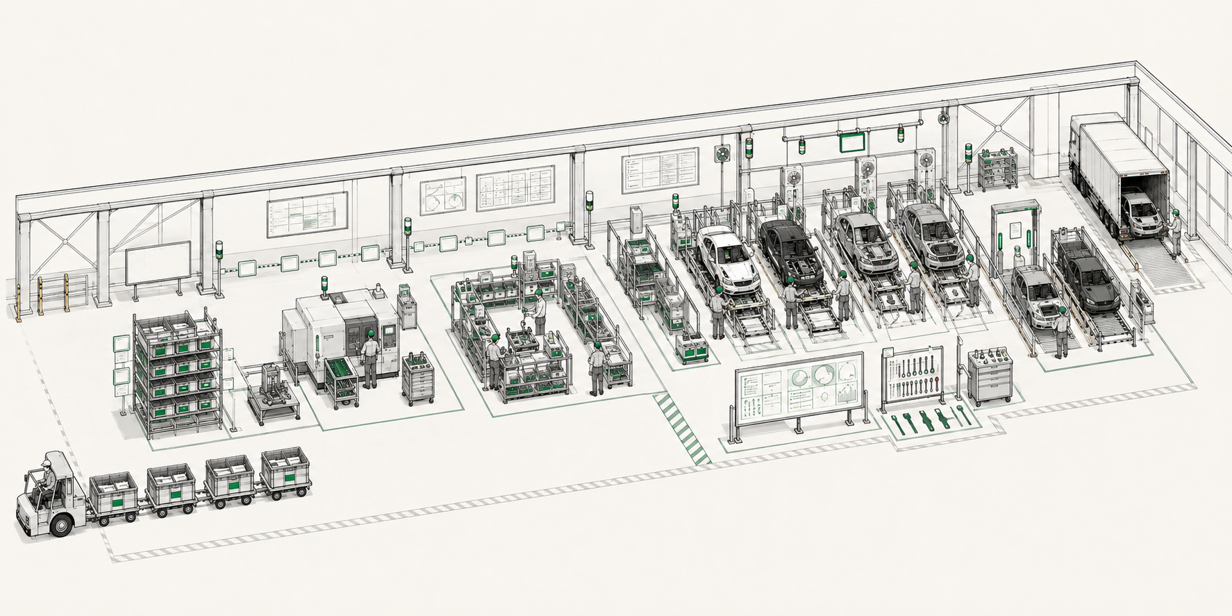 Complete line drawing of an ideal automotive factory from inbound logistics and supermarket racks through machining, a flow cell and paced assembly to in-process quality and outbound shipping.